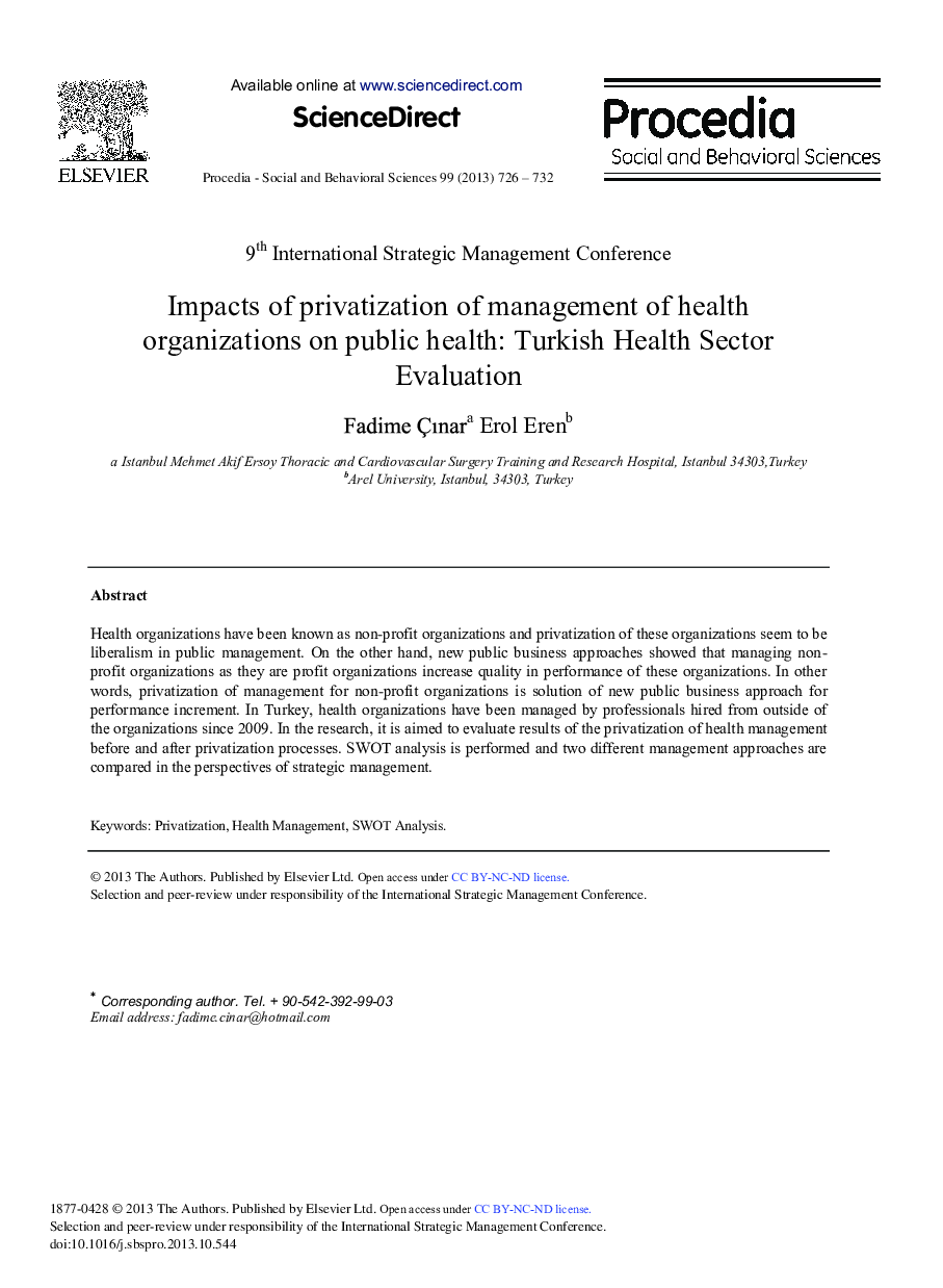 Impacts of Privatization of Management of Health Organizations on Public Health: Turkish Health Sector Evaluation 
