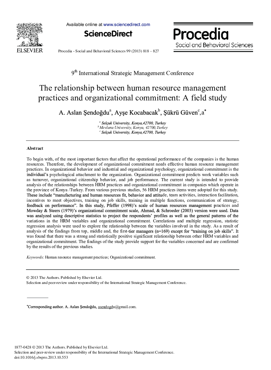 The relationship between human resource management practices and organizational commitment: A field study