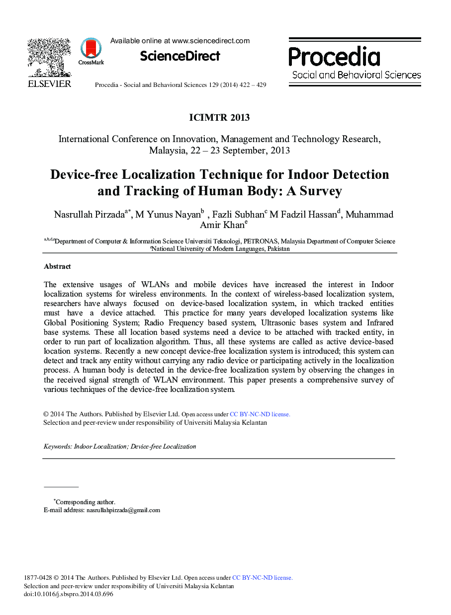 Device-free Localization Technique for Indoor Detection and Tracking of Human Body: A Survey 