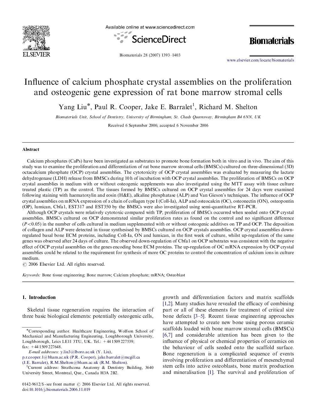 Influence of calcium phosphate crystal assemblies on the proliferation and osteogenic gene expression of rat bone marrow stromal cells