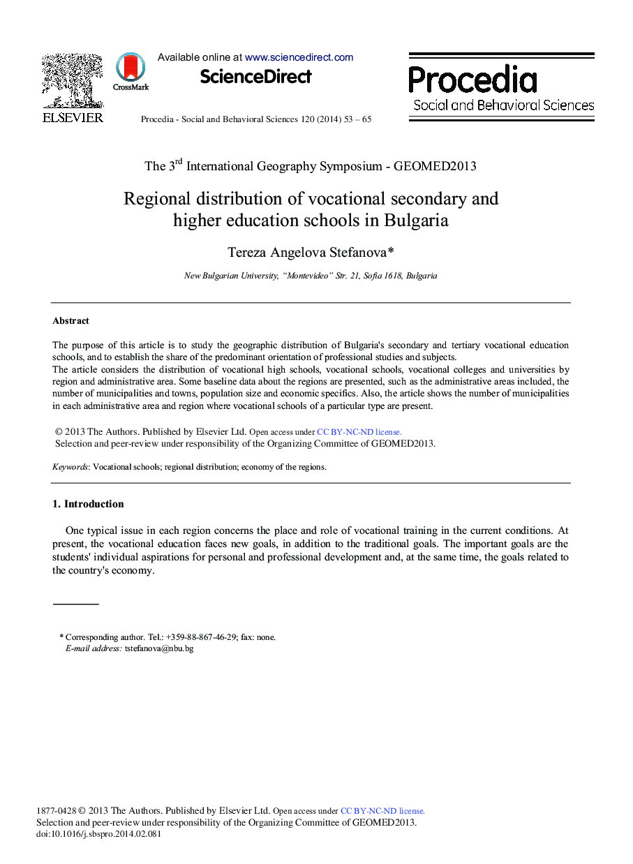 Regional Distribution of Vocational Secondary and Higher Education Schools in Bulgaria 