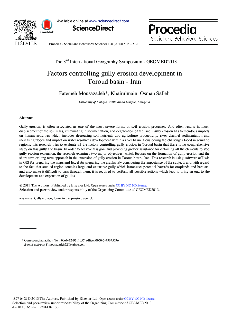 Factors Controlling Gully Erosion Development in Toroud Basin – Iran 