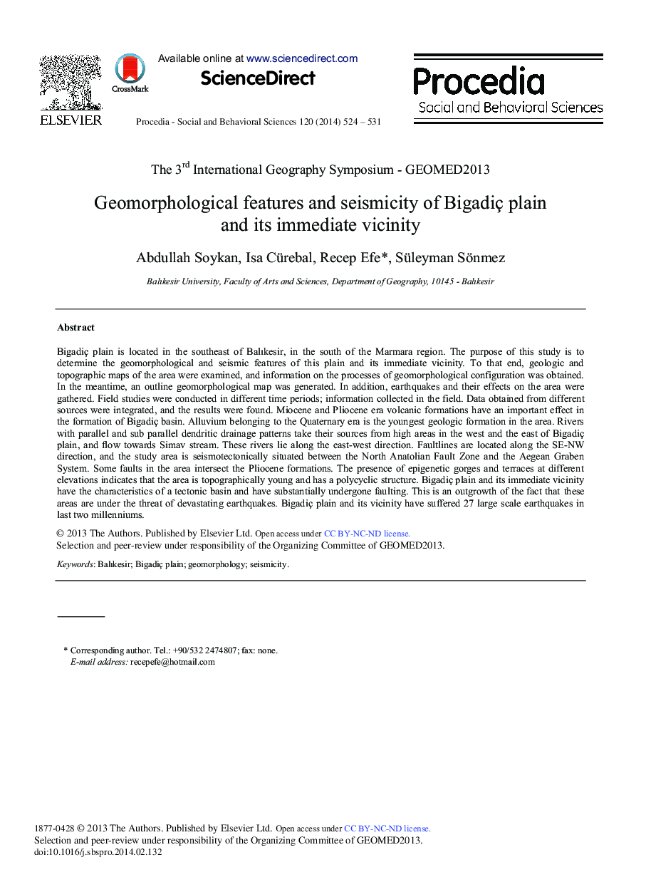 Geomorphological Features and Seismicity of Bigadiç Plain and its Immediate Vicinity 