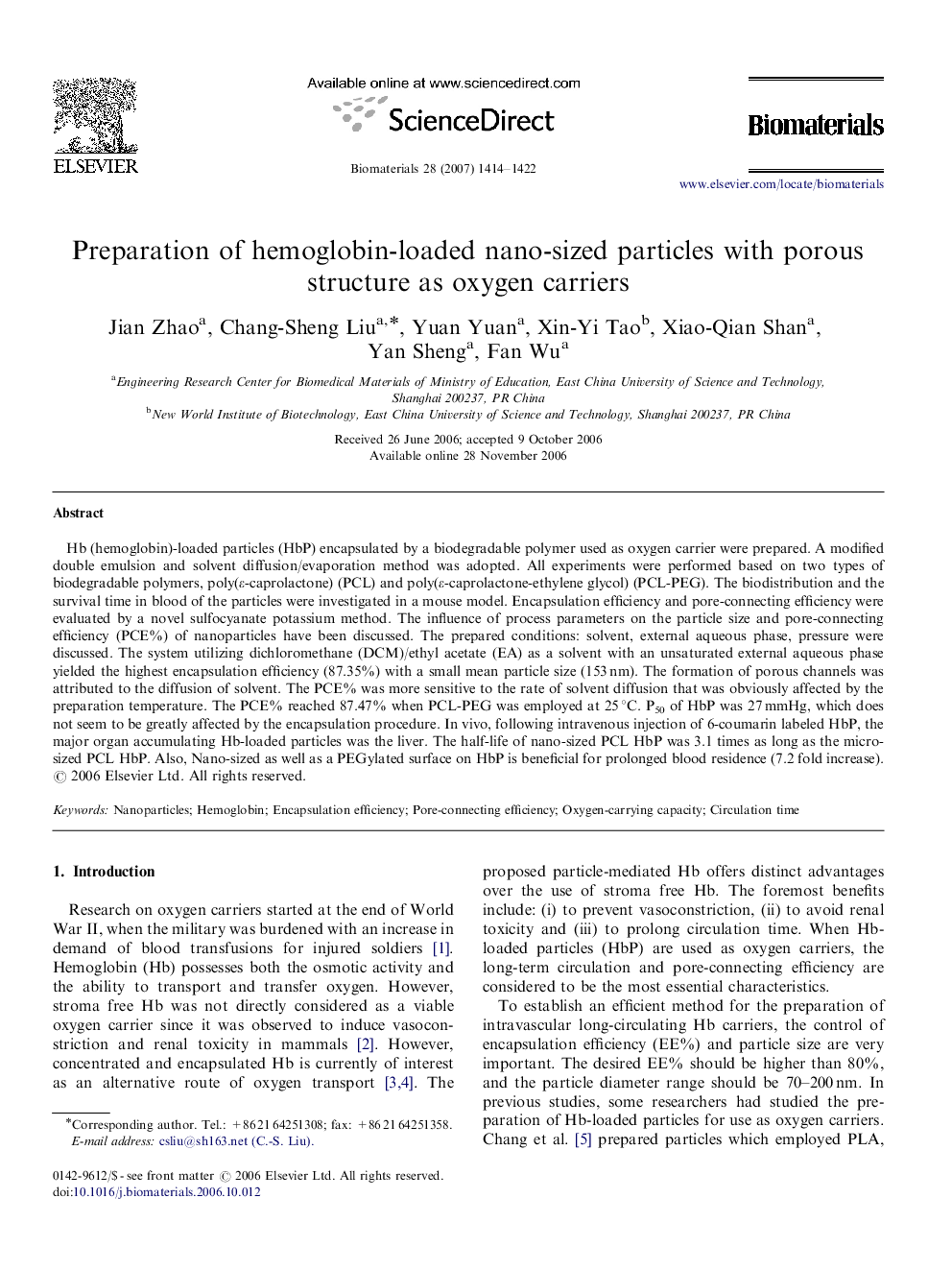 Preparation of hemoglobin-loaded nano-sized particles with porous structure as oxygen carriers