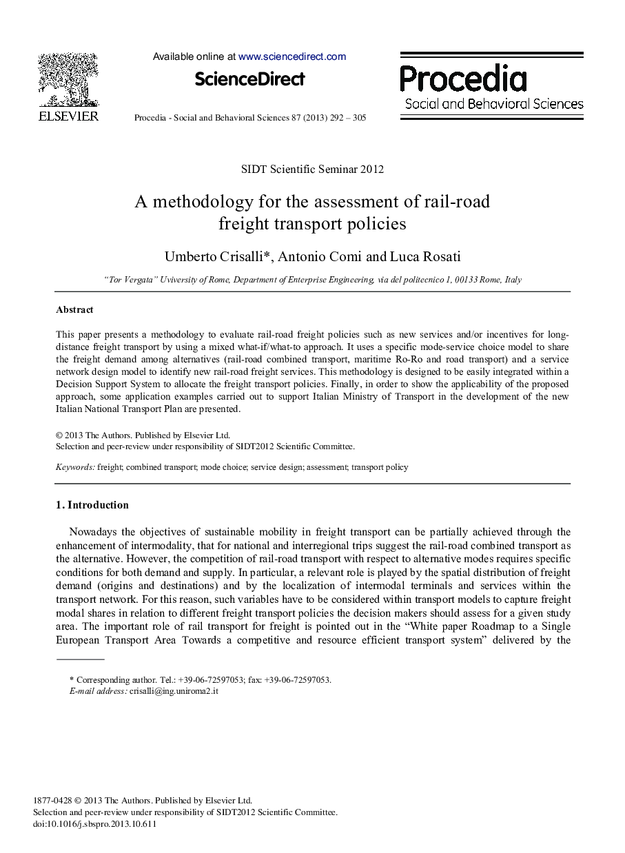 A Methodology for the Assessment of Rail-road Freight Transport Policies