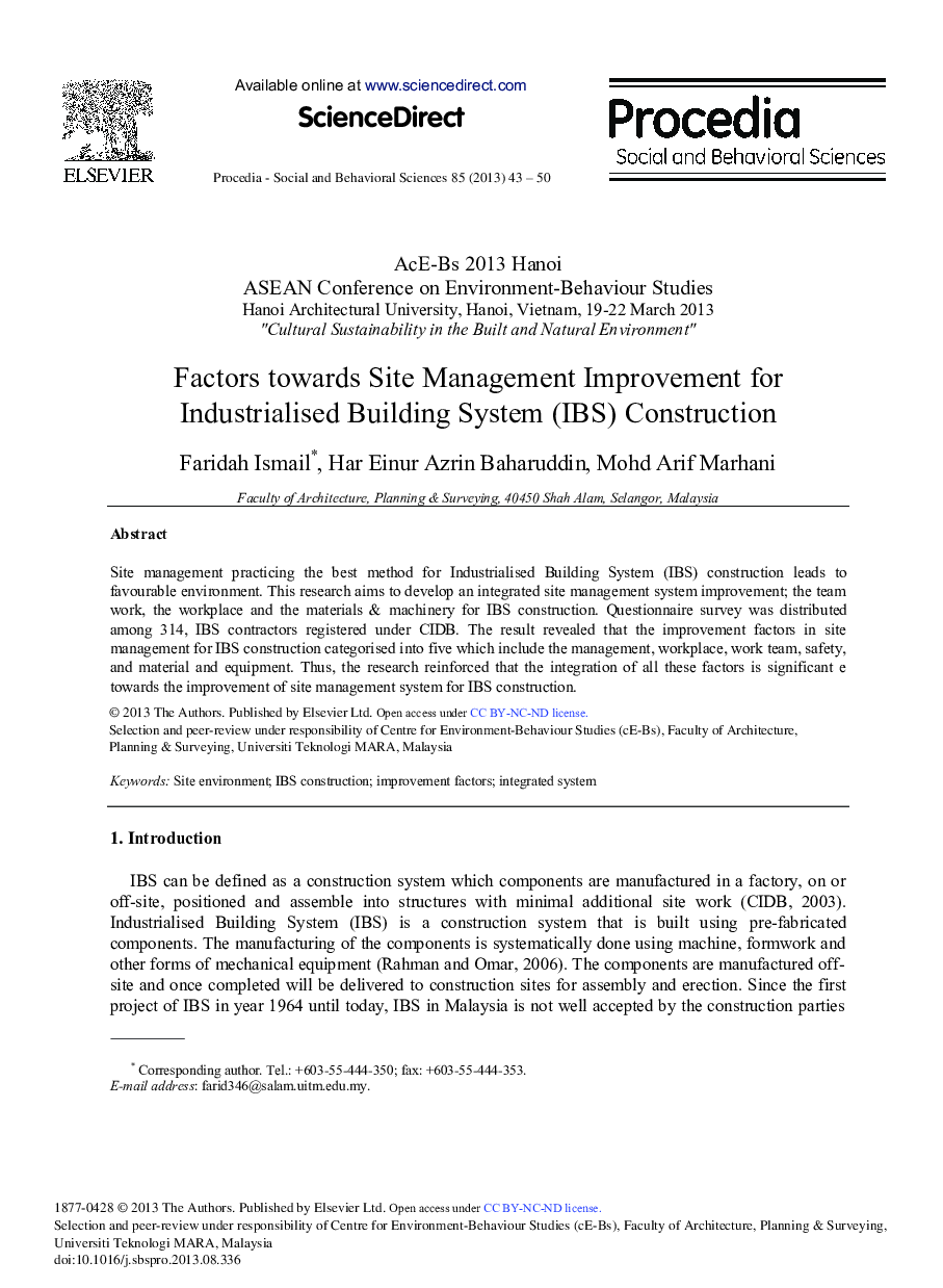 Factors Towards Site Management Improvement for Industrialised Building System (IBS) Construction 