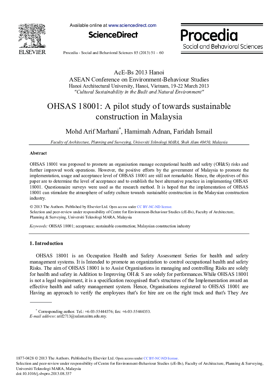 OHSAS 18001: A Pilot Study of Towards Sustainable Construction in Malaysia