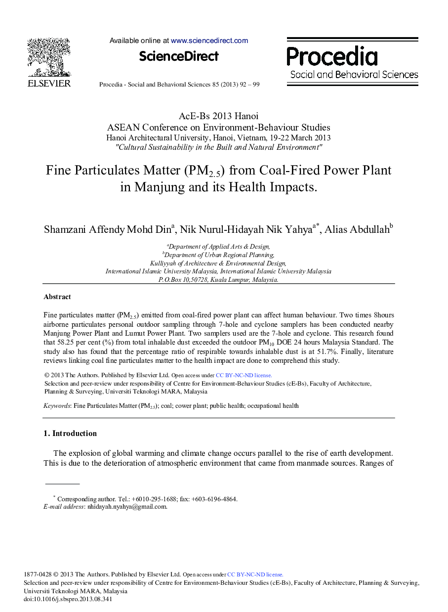 Fine Particulates Matter (PM2.5) from Coal-fired Power Plant in Manjung and its Health Impacts 