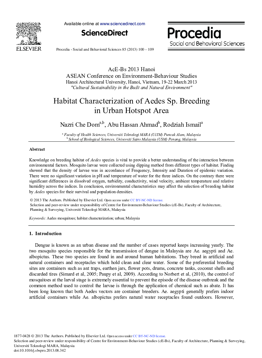 Habitat Characterization of Aedes Sp. Breeding in Urban Hotspot Area 