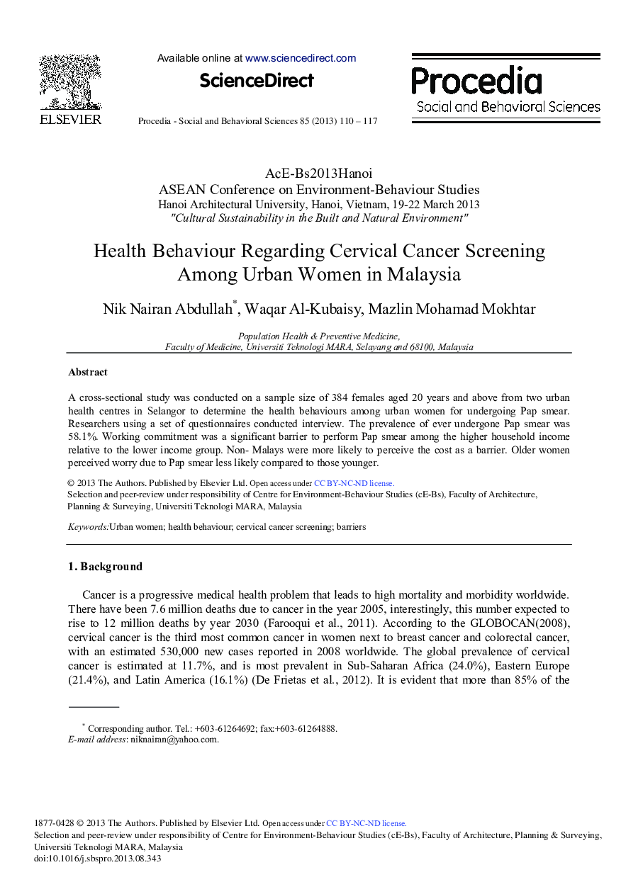 Health Behaviour Regarding Cervical Cancer Screening Among Urban Women in Malaysia 