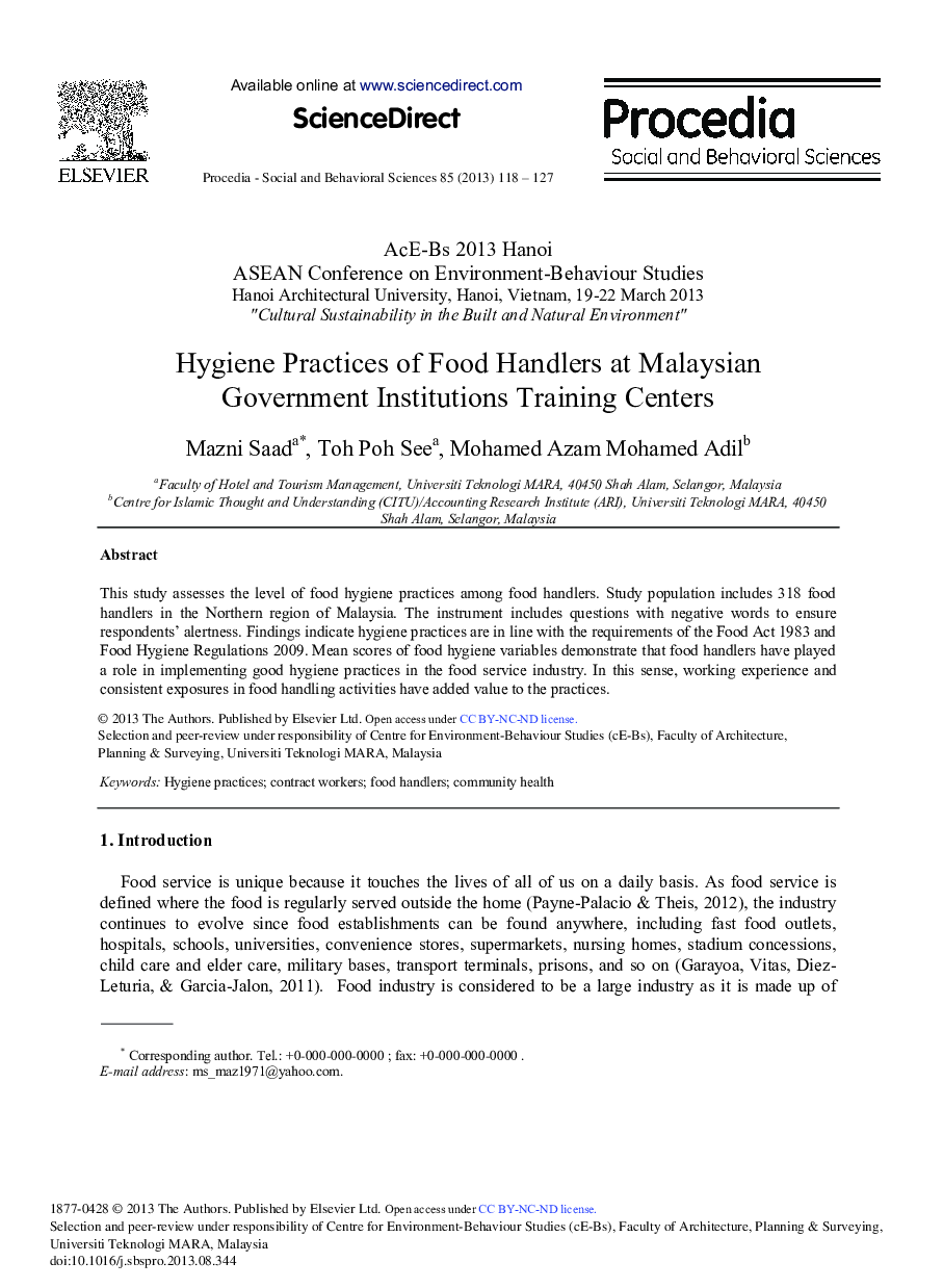 Hygiene Practices of Food Handlers at Malaysian Government Institutions Training Centers 