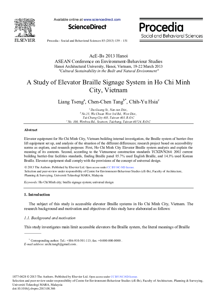 A Study of Elevator Braille Signage System in Ho Chi Minh City, Vietnam 