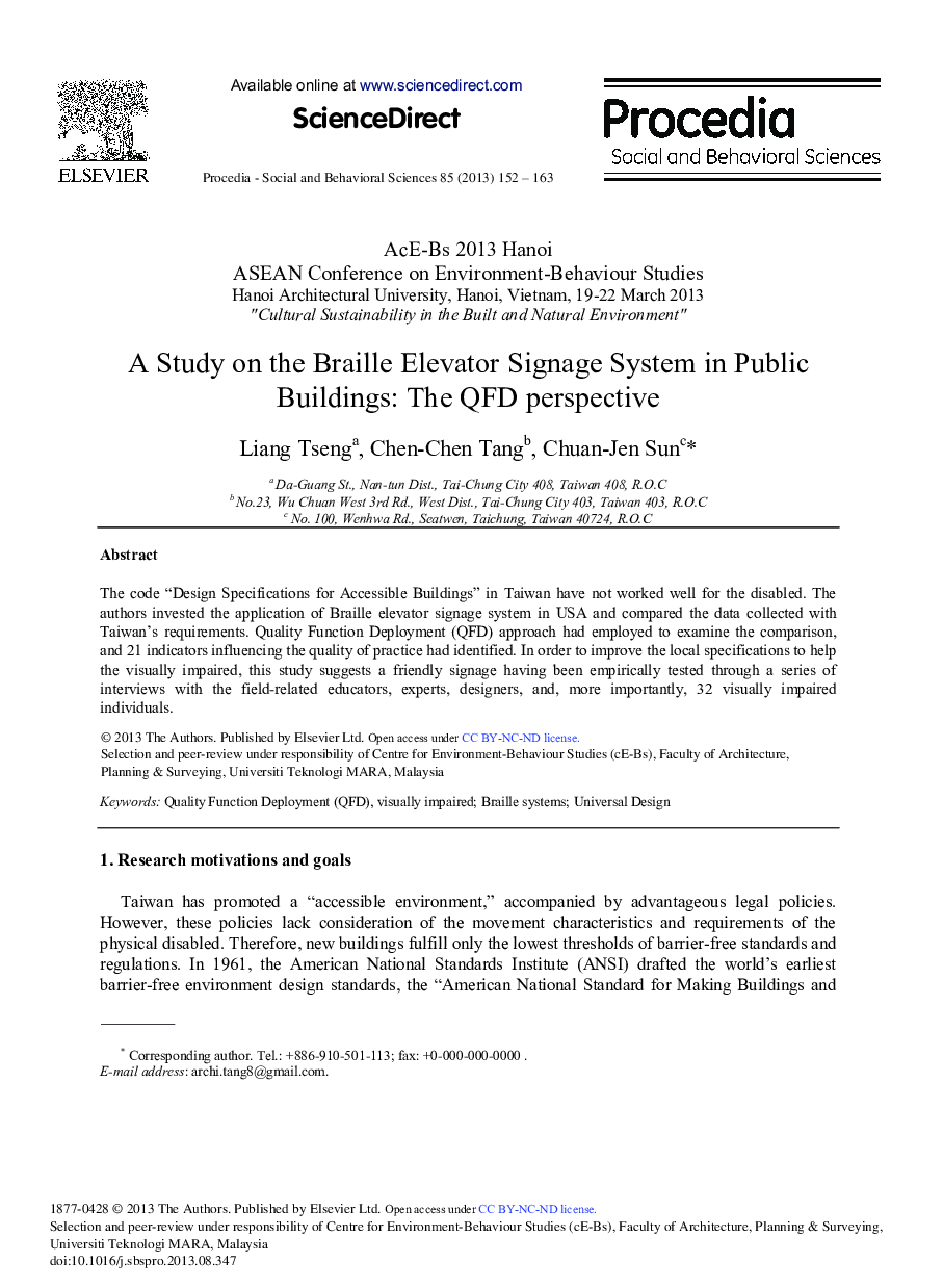 A Study on the Braille Elevator Signage System in Public Buildings: The QFD Perspective 