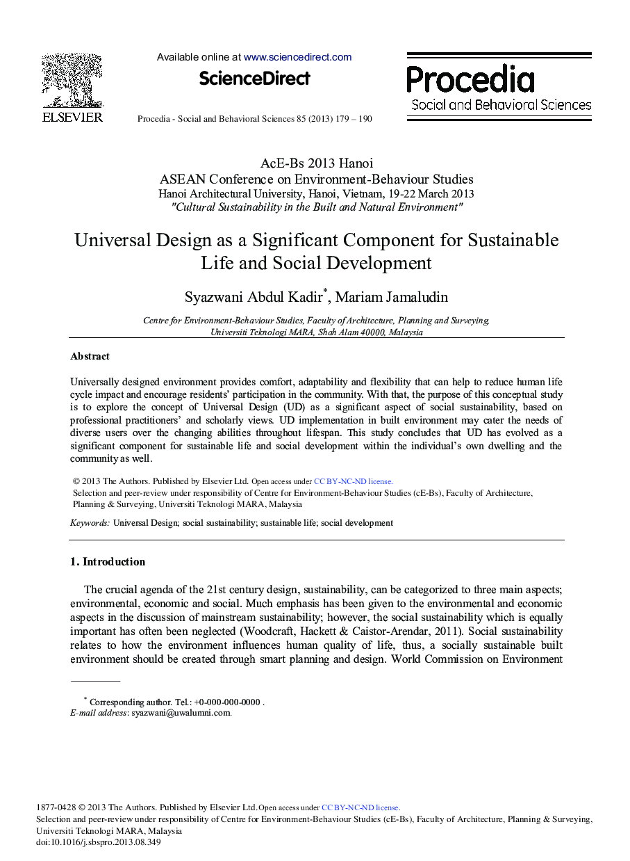 Universal Design as a Significant Component for Sustainable Life and Social Development 