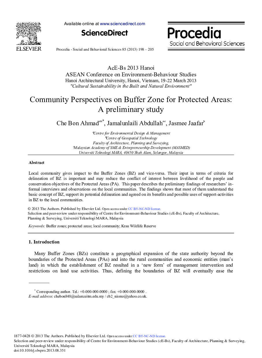 Community Perspectives on Buffer Zone for Protected Areas: A Preliminary Study 