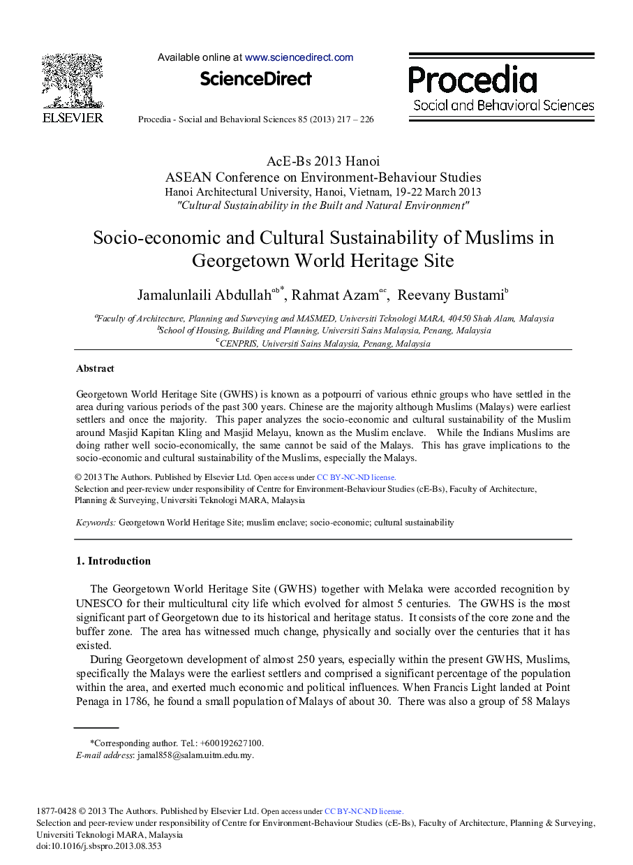 Socio-economic and Cultural Sustainability of Muslims in Georgetown World Heritage Site 