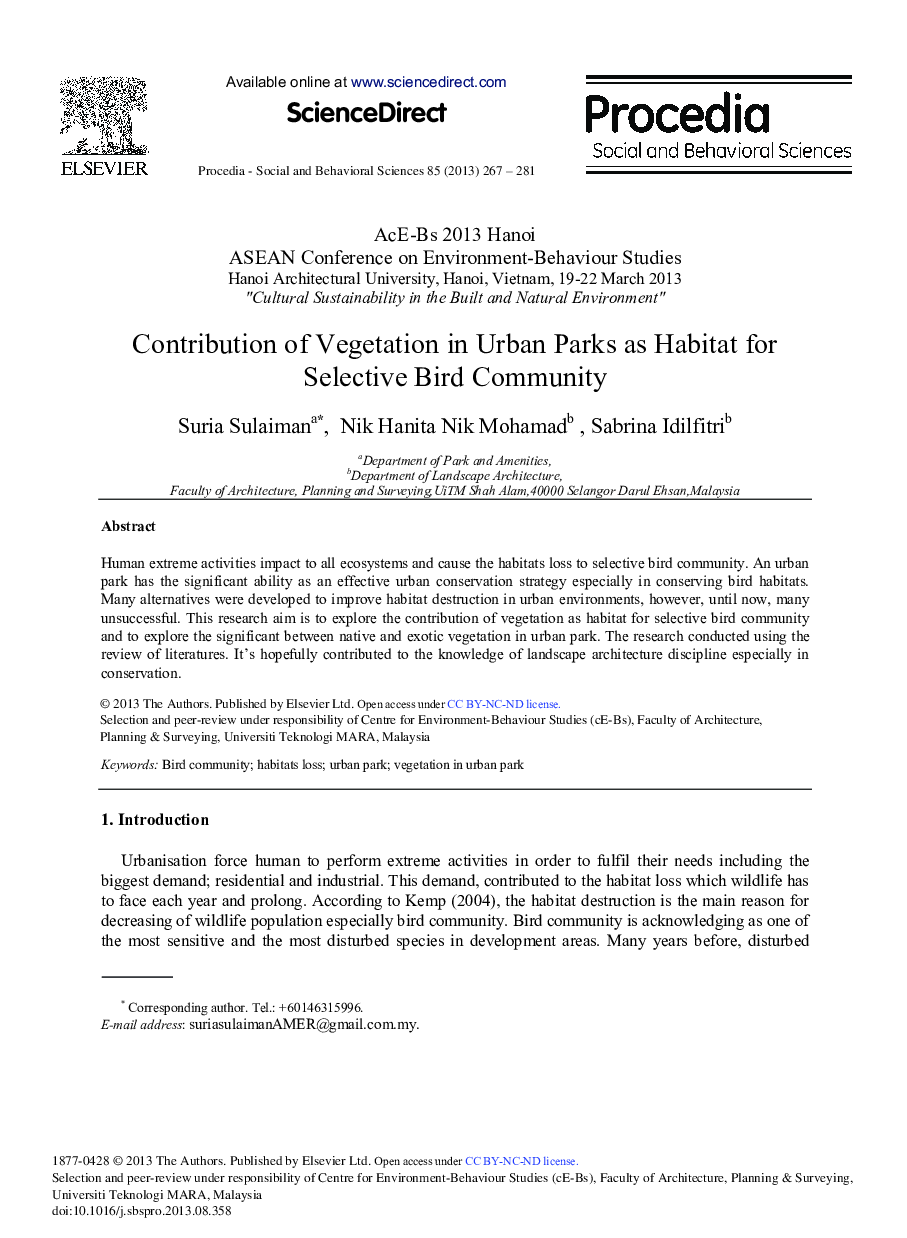 Contribution of Vegetation in Urban Parks as Habitat for Selective Bird Community 