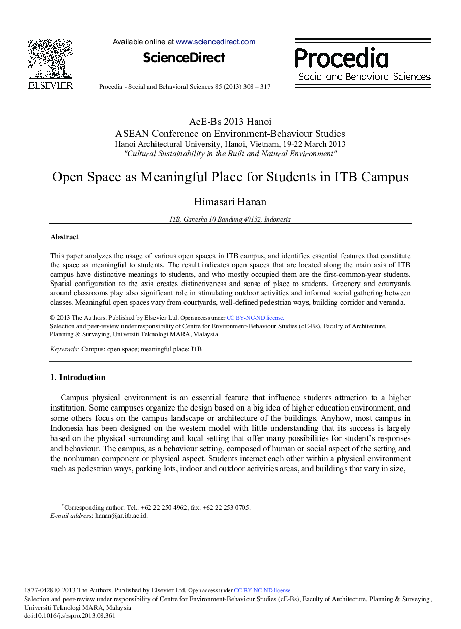 Open Space as Meaningful Place for Students in ITB Campus 