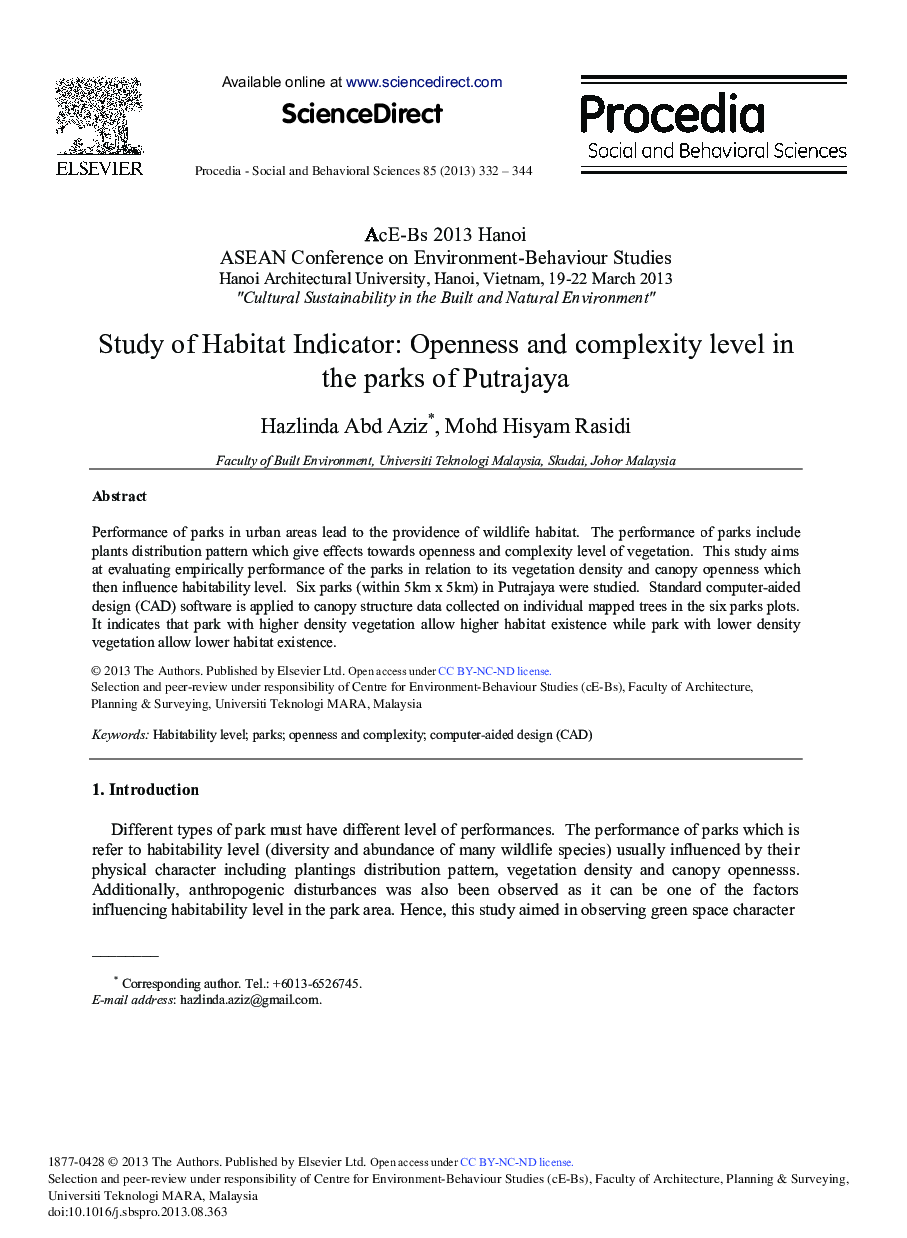 Study of Habitat Indicator: Openness and Complexity Level in the Parks of Putrajaya 