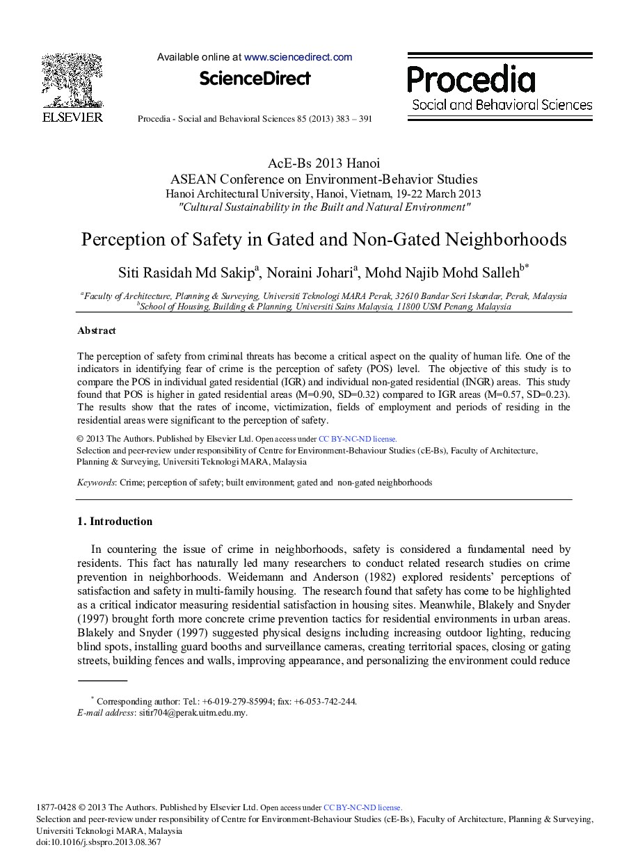 Perception of Safety in Gated and Non-Gated Neighborhoods 