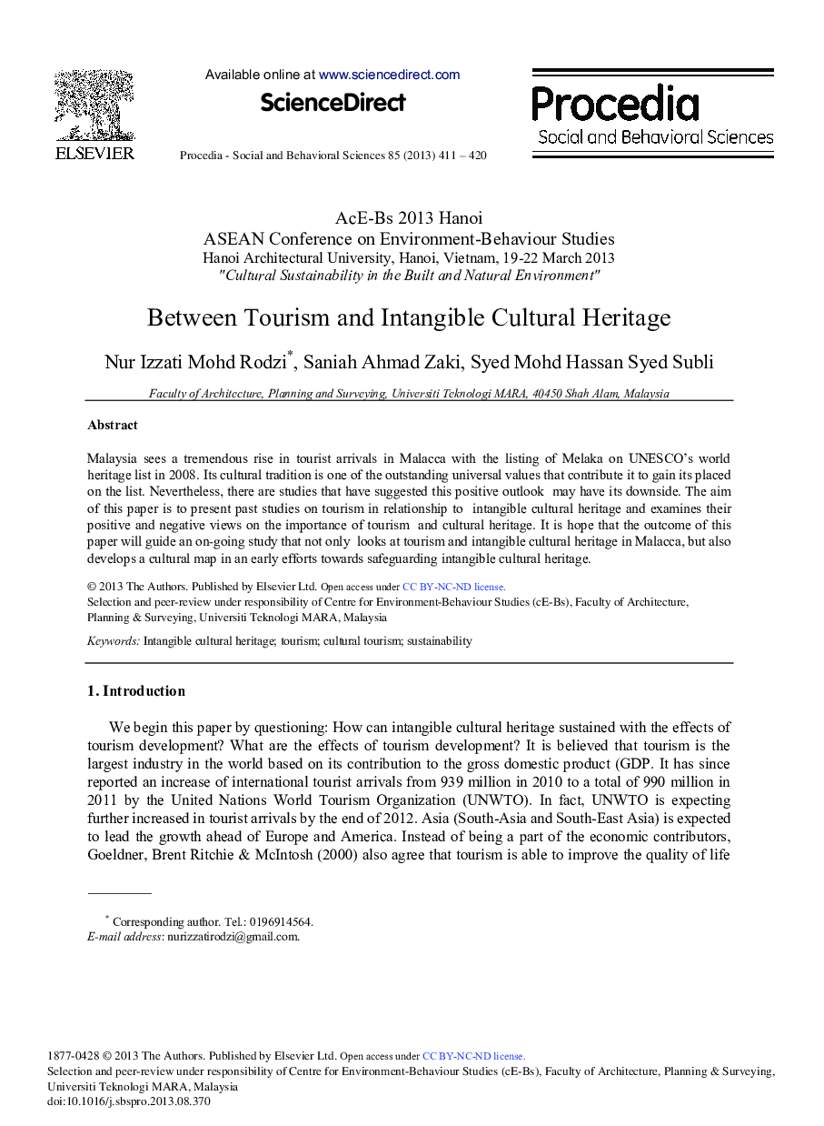 Between Tourism and Intangible Cultural Heritage 