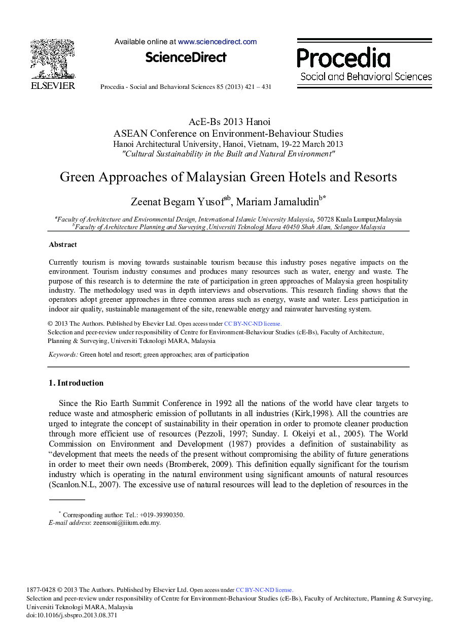 Green Approaches of Malaysian Green Hotels and Resorts 