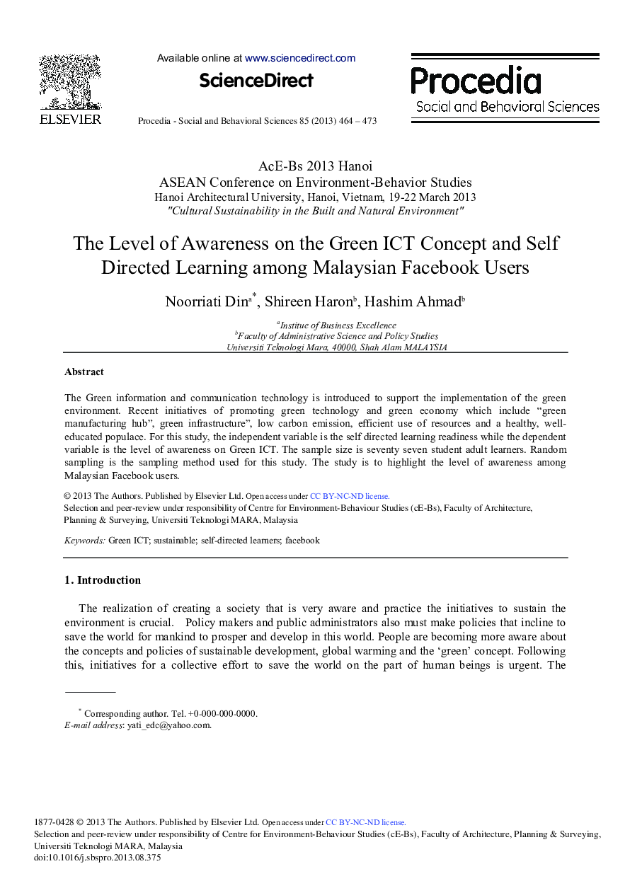 The Level of Awareness on the Green ICT Concept and Self Directed Learning among Malaysian Facebook Users 