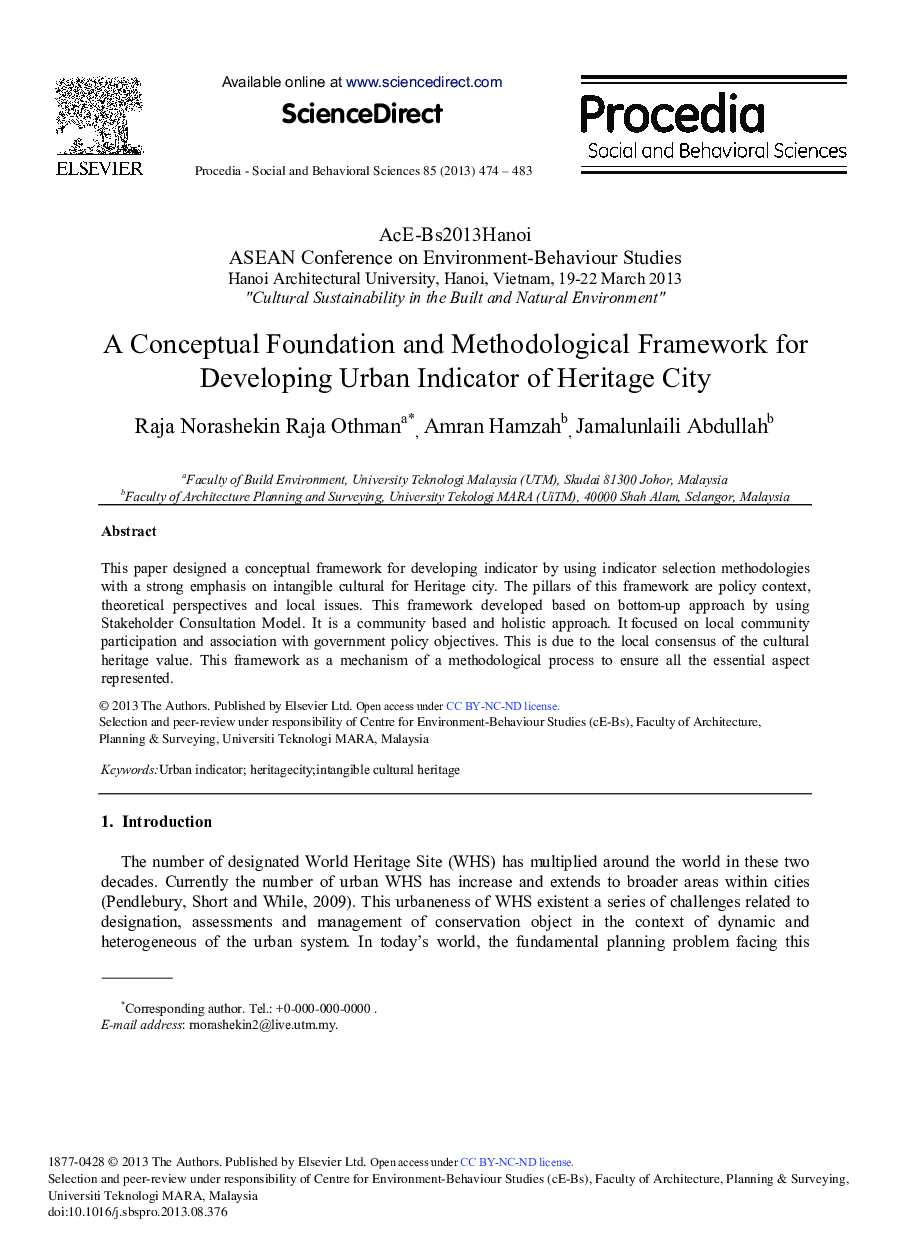 A Conceptual Foundation and Methodological Framework for Developing Urban Indicator of Heritage City 