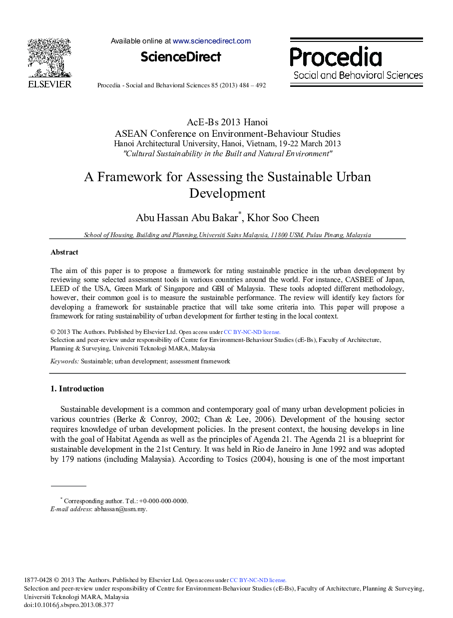 A Framework for Assessing the Sustainable Urban Development 