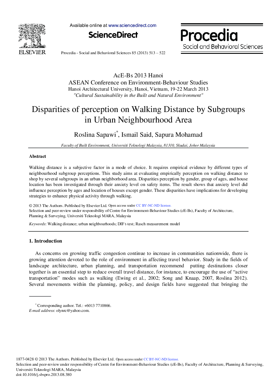 Disparities of Perception on Walking Distance by Subgroups in Urban Neighbourhood Area 