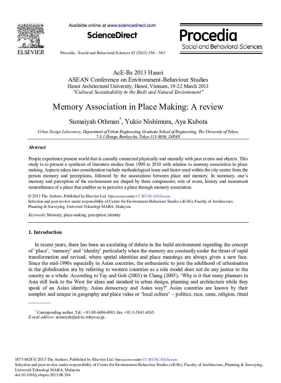 Memory Association in Place Making: A review 