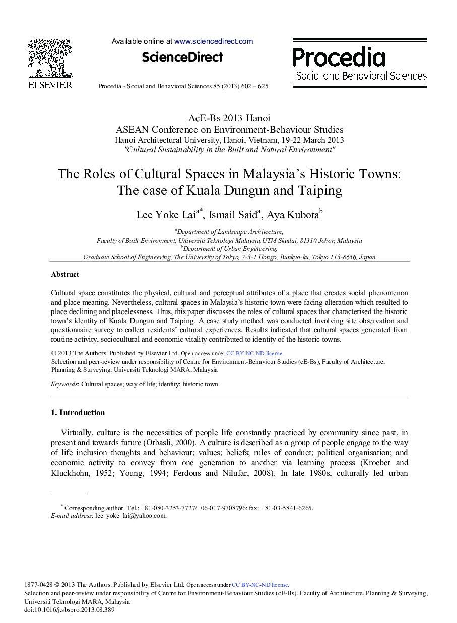 The Roles of Cultural Spaces in Malaysia's Historic Towns: The Case of Kuala Dungun and Taiping 