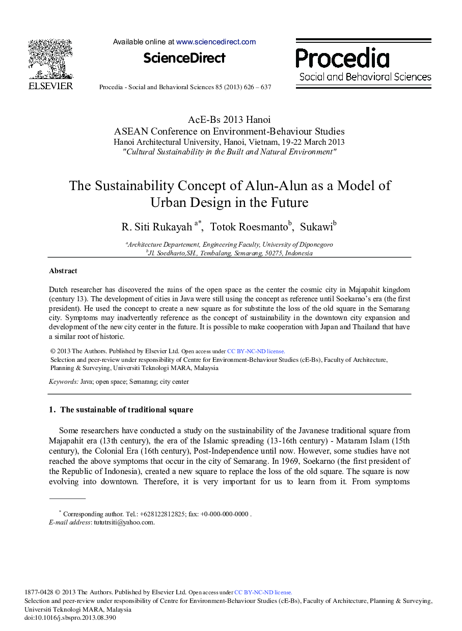 The Sustainability Concept of Alun-alun as a Model of Urban Design in the Future 