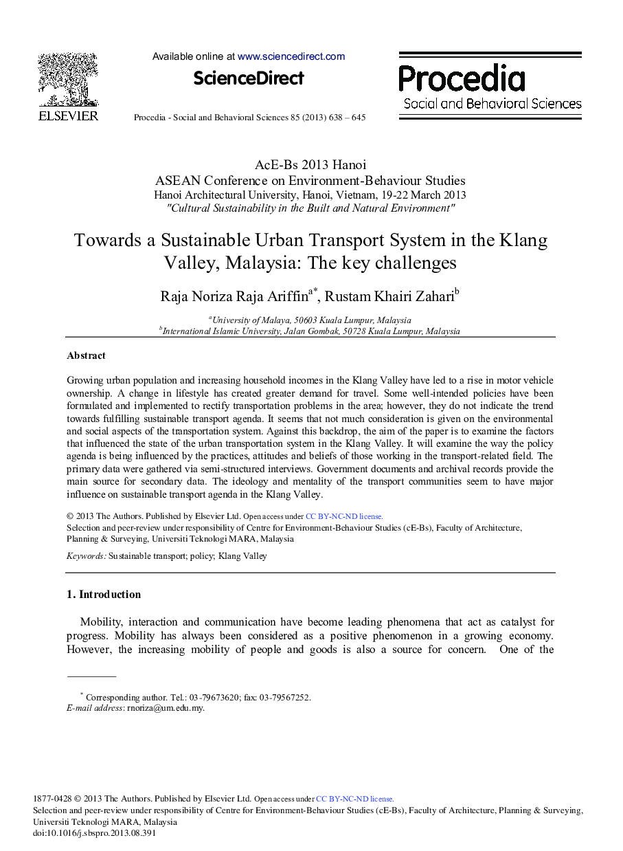 Towards a Sustainable Urban Transport System in the Klang Valley, Malaysia: The Key Challenges 