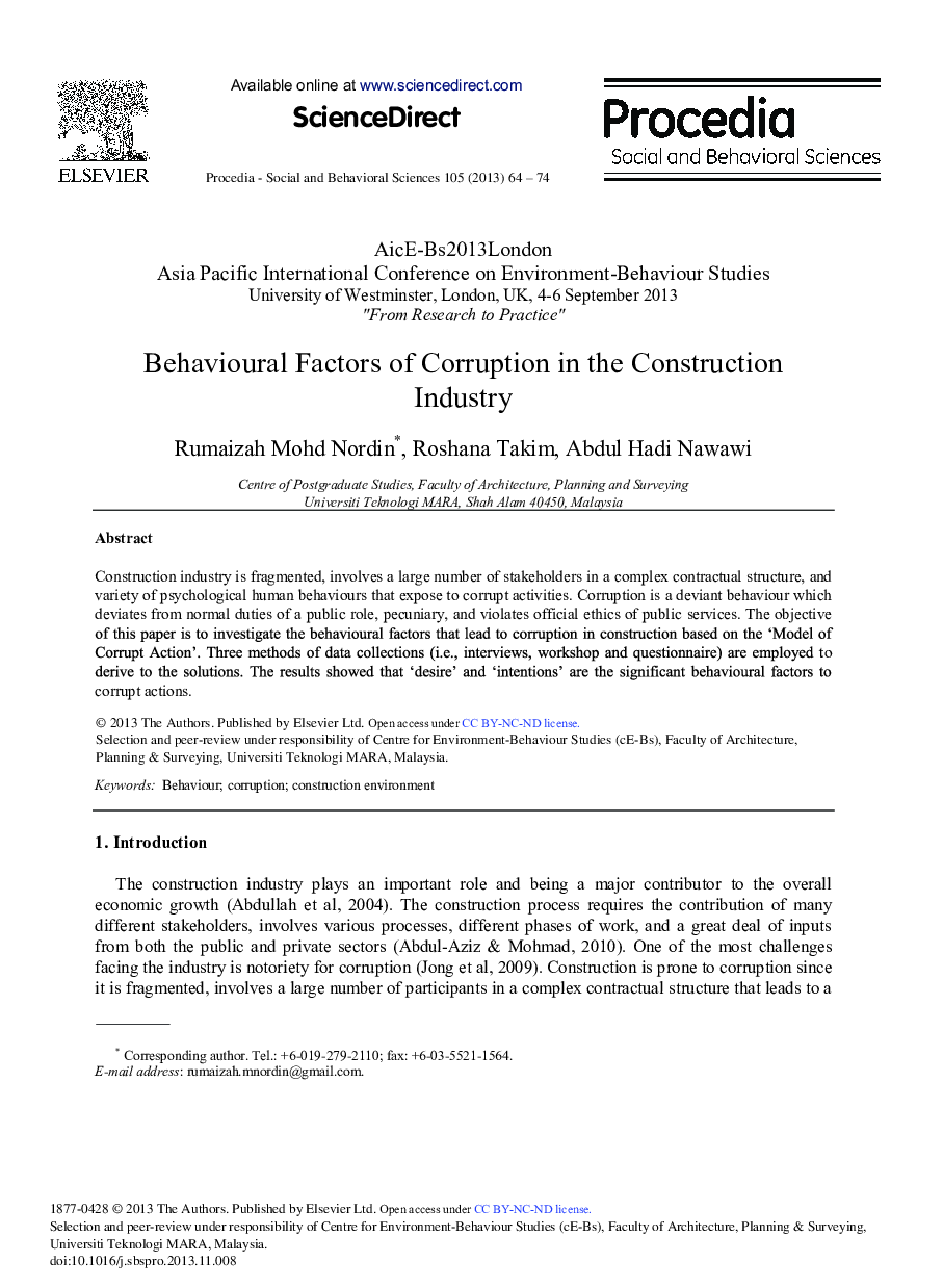 Behavioural Factors of Corruption in the Construction Industry 