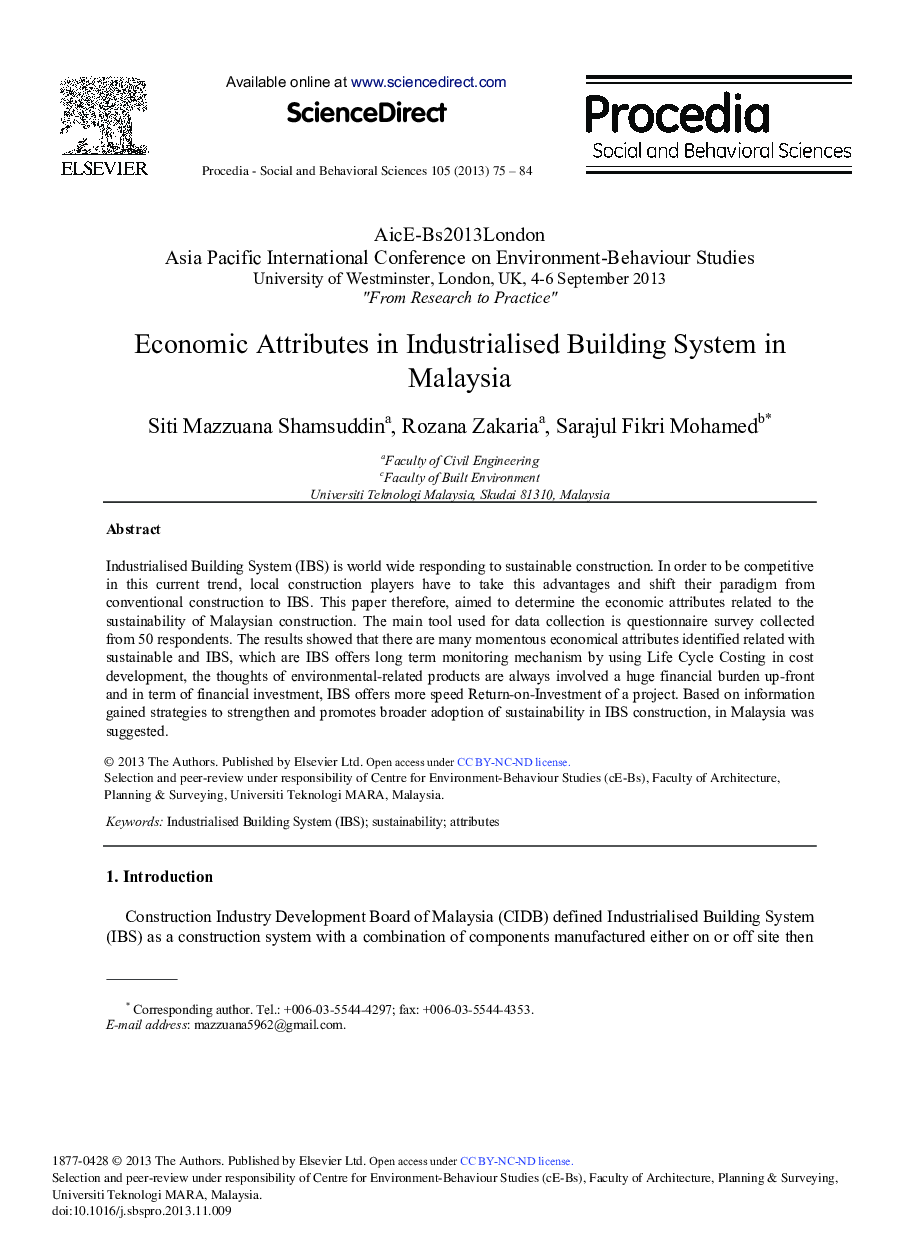 Economic Attributes in Industrialised Building System in Malaysia 