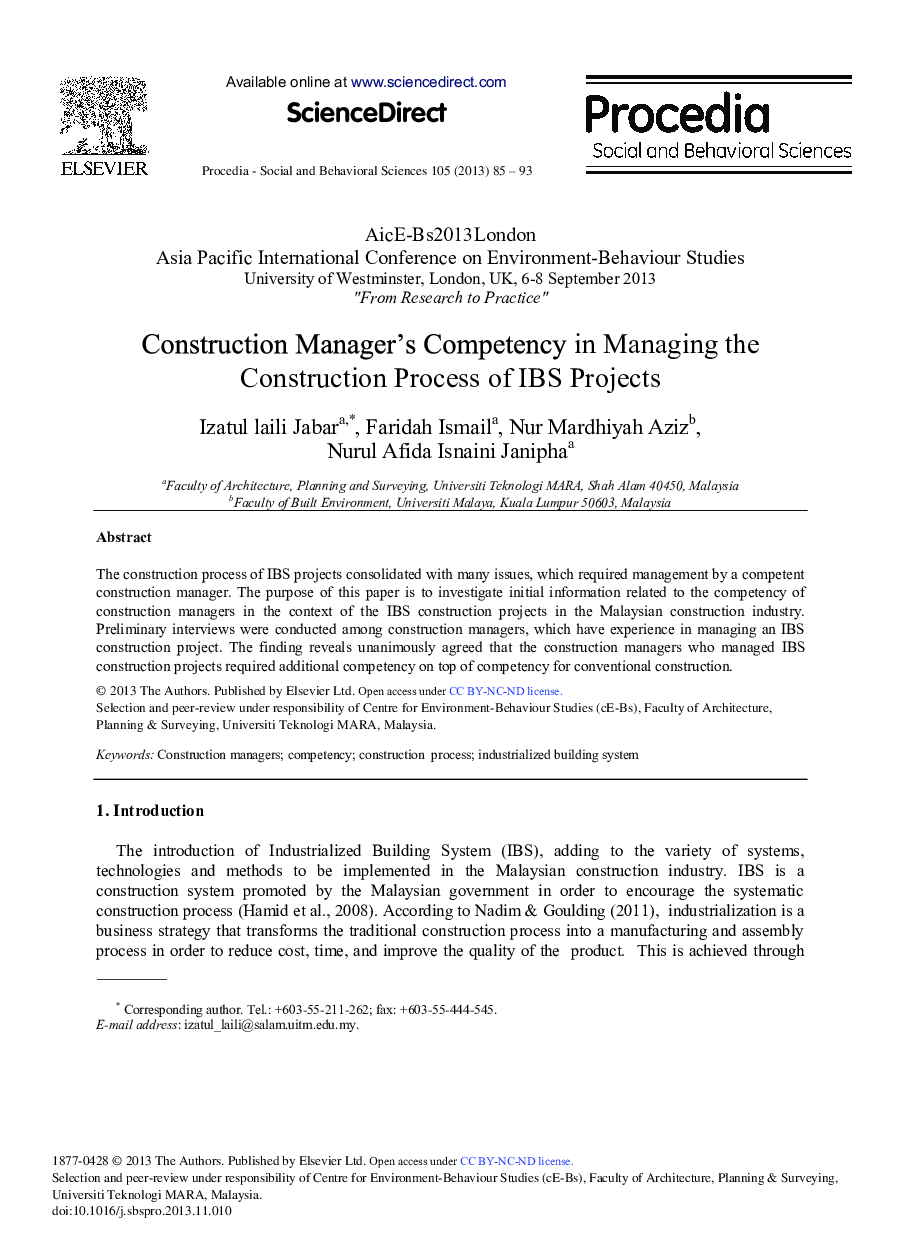 Construction Manager's Competency in Managing the Construction Process of IBS Projects 