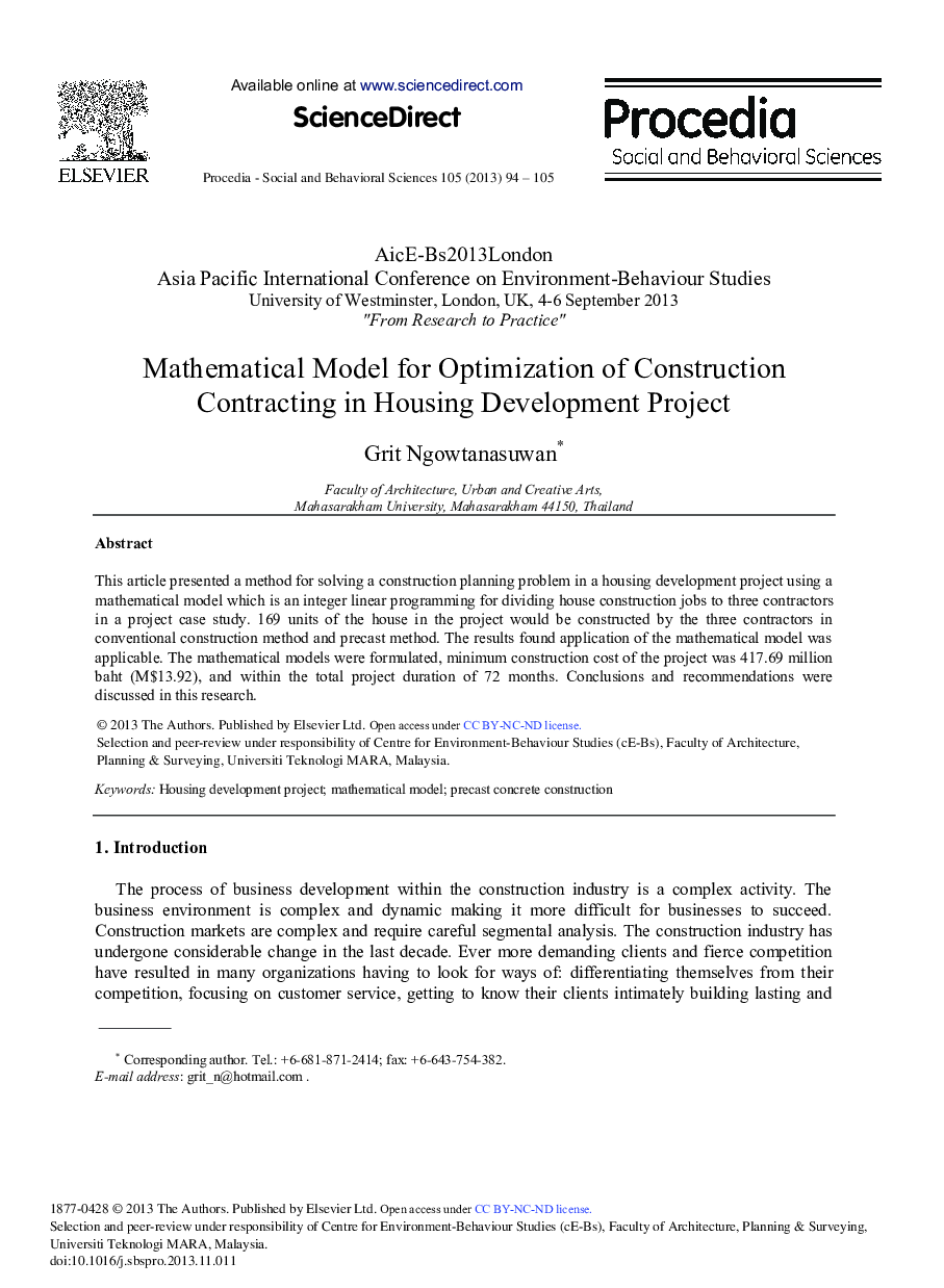 Mathematical Model for Optimization of Construction Contracting in Housing Development Project 