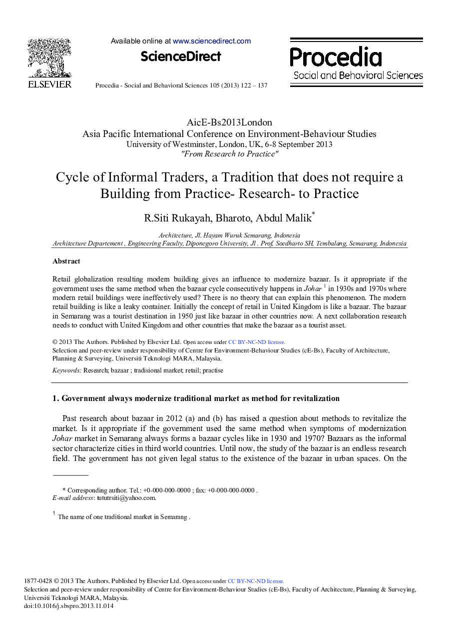 Cycle of Informal Traders, a Tradition that does not Require a Building from Practice-research-to Practice 