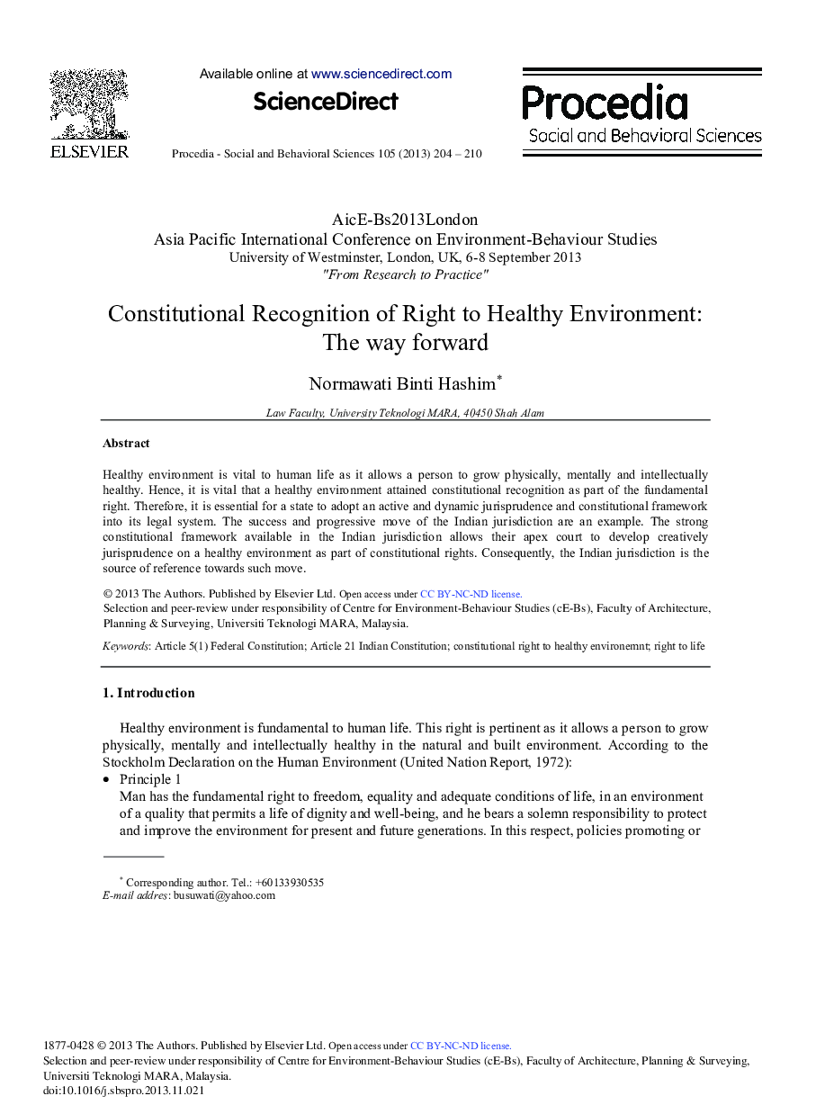 Constitutional Recognition of Right to Healthy Environment: The way Forward 