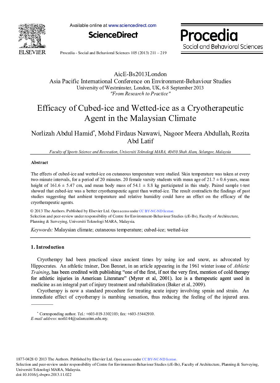 Efficacy of Cubed-ice and Wetted-ice as a Cryotherapeutic Agent in the Malaysian Climate 