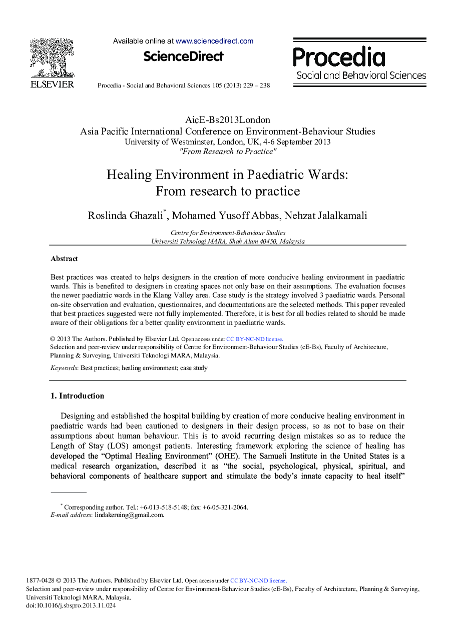 Healing Environment in Paediatric Wards: From Research to Practice 