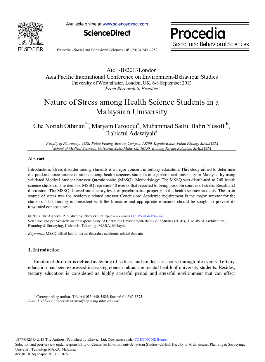 Nature of Stress among Health Science Students in a Malaysian University 