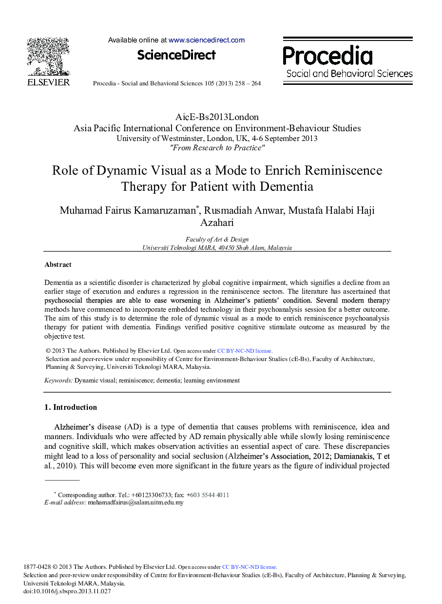 Role of Dynamic Visual as a Mode to Enrich Reminiscence Therapy for Patient with Dementia 