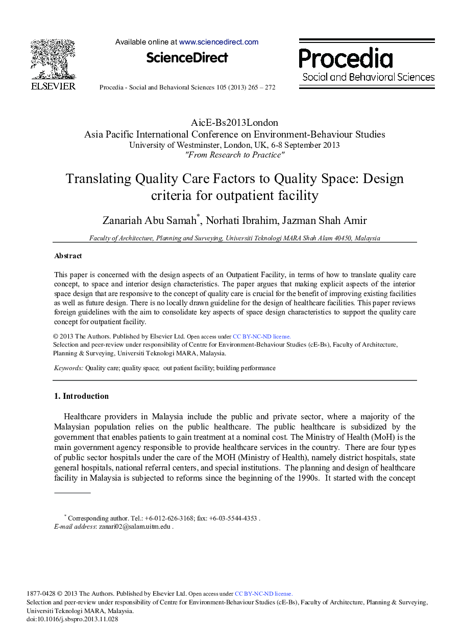 Translating Quality Care Factors to Quality Space: Design Criteria for Outpatient Facility 