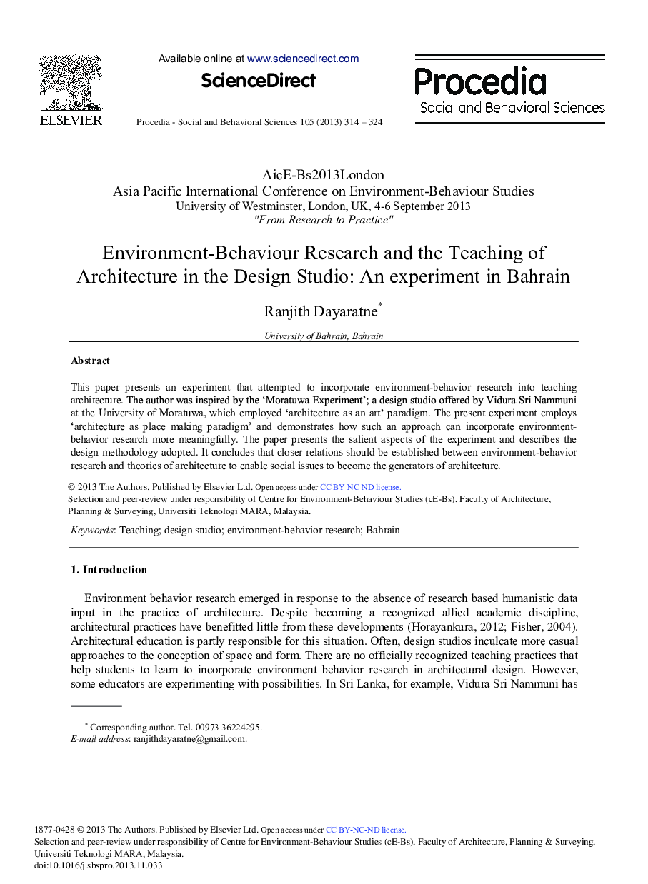 Environment-behaviour Research and the Teaching of Architecture in the Design Studio: An Experiment in Bahrain 