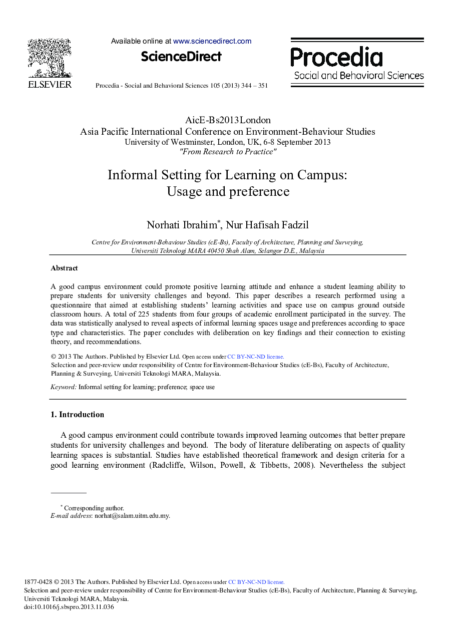 Informal Setting for Learning on Campus: Usage and Preference 