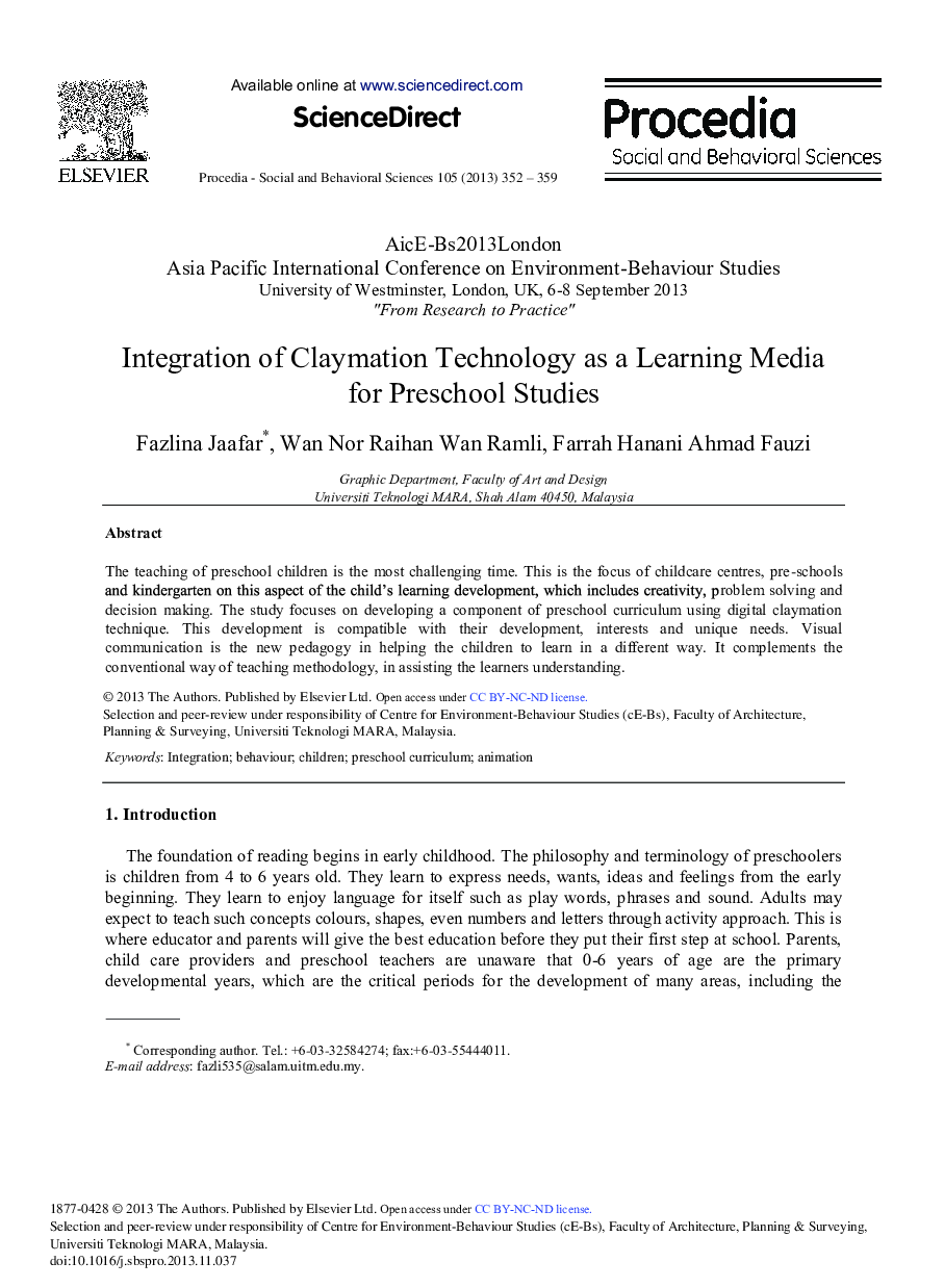 Integration of Claymation Technology as a Learning Media for Preschool Studies 