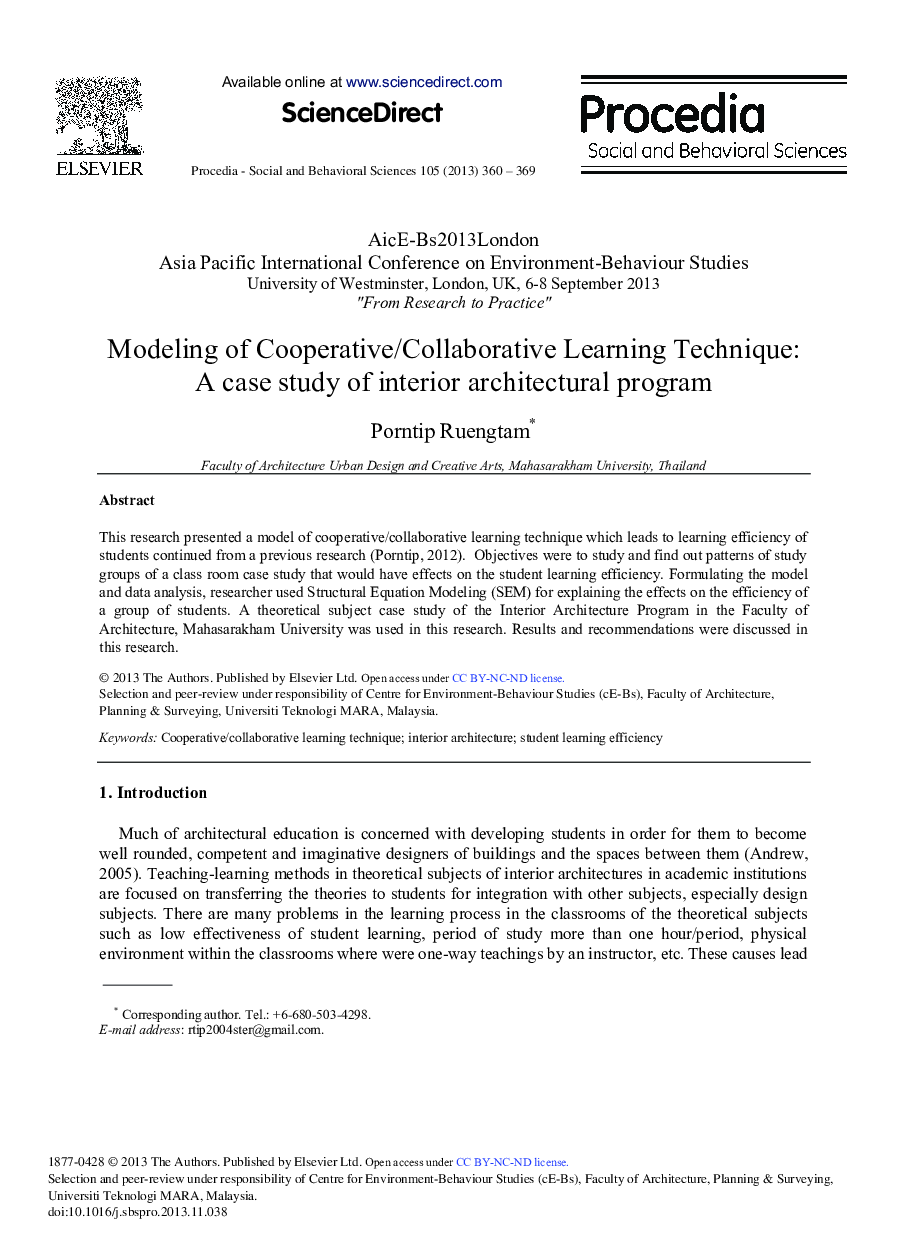 Modeling of Cooperative/Collaborative Learning Technique: A Case Study of Interior Architectural Program 