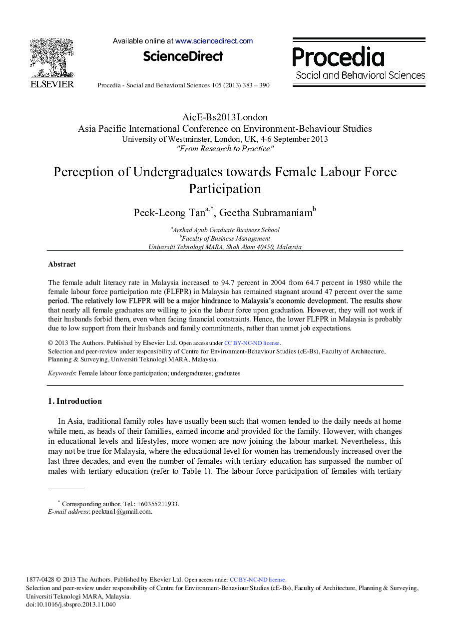 Perception of Undergraduates towards Female Labour Force Participation 